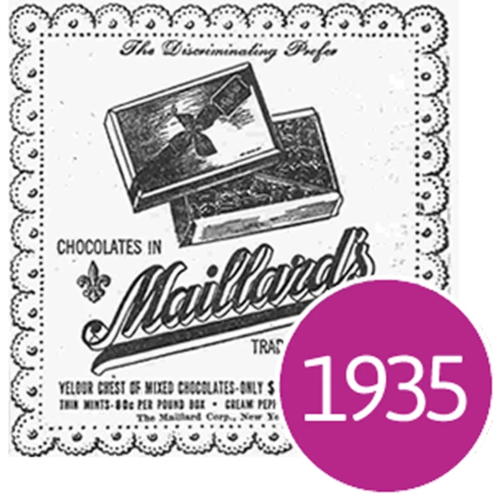 Vintage Maillard's chocolate advertisement with an open box illustration and a magenta 1935 date circle.