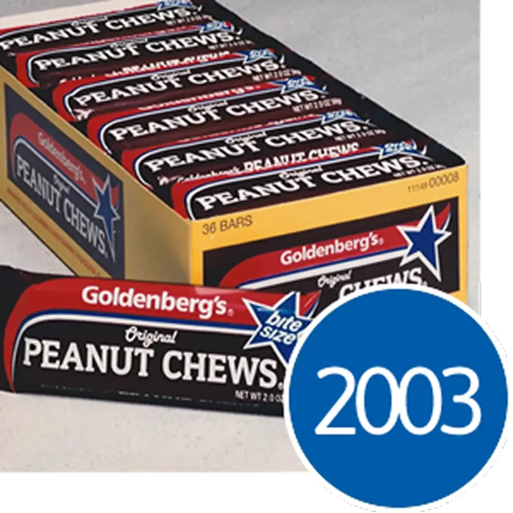 Goldenberg's Original Peanut Chews display box and individual bar wrapper with a blue 2003 graphic overlay.