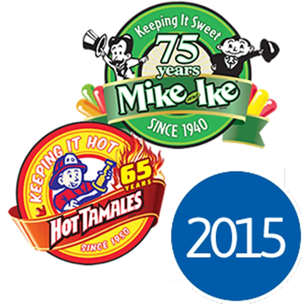 Logos for Mike and Ike's 75th and Hot Tamales' 65th anniversaries, with a blue circle containing the year 2015.