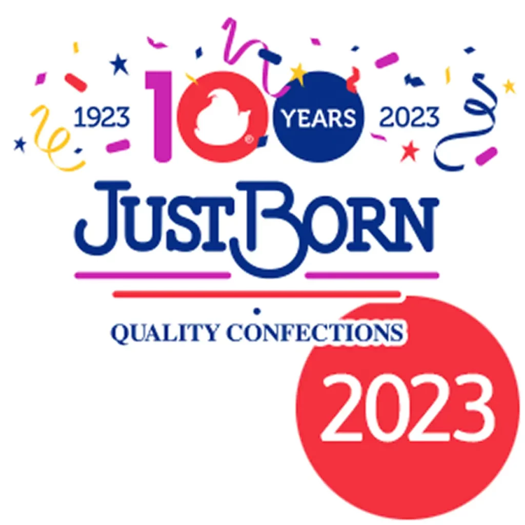 Just Born Quality Confections 100th anniversary logo with confetti, 1923-2023, and a large red 2023 circle.