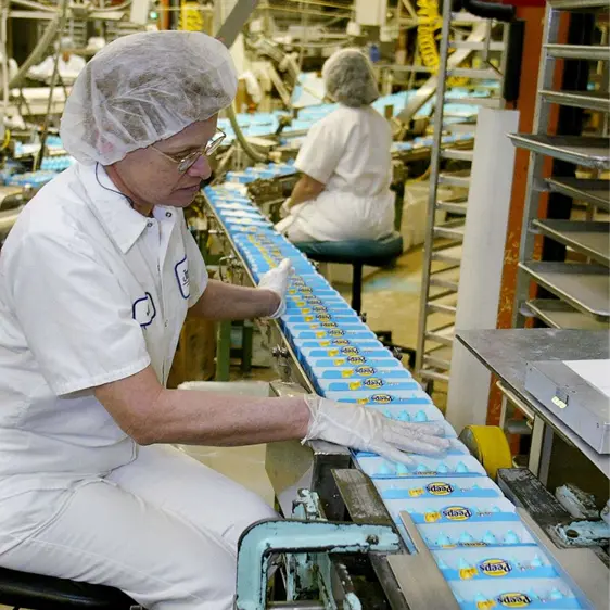 A factory worker wearing a white uniform, hairnet, and gloves works at a conveyor belt assembly line filled with blue Peeps marshmallow chicks in blue packaging. Another worker is visible in the backg