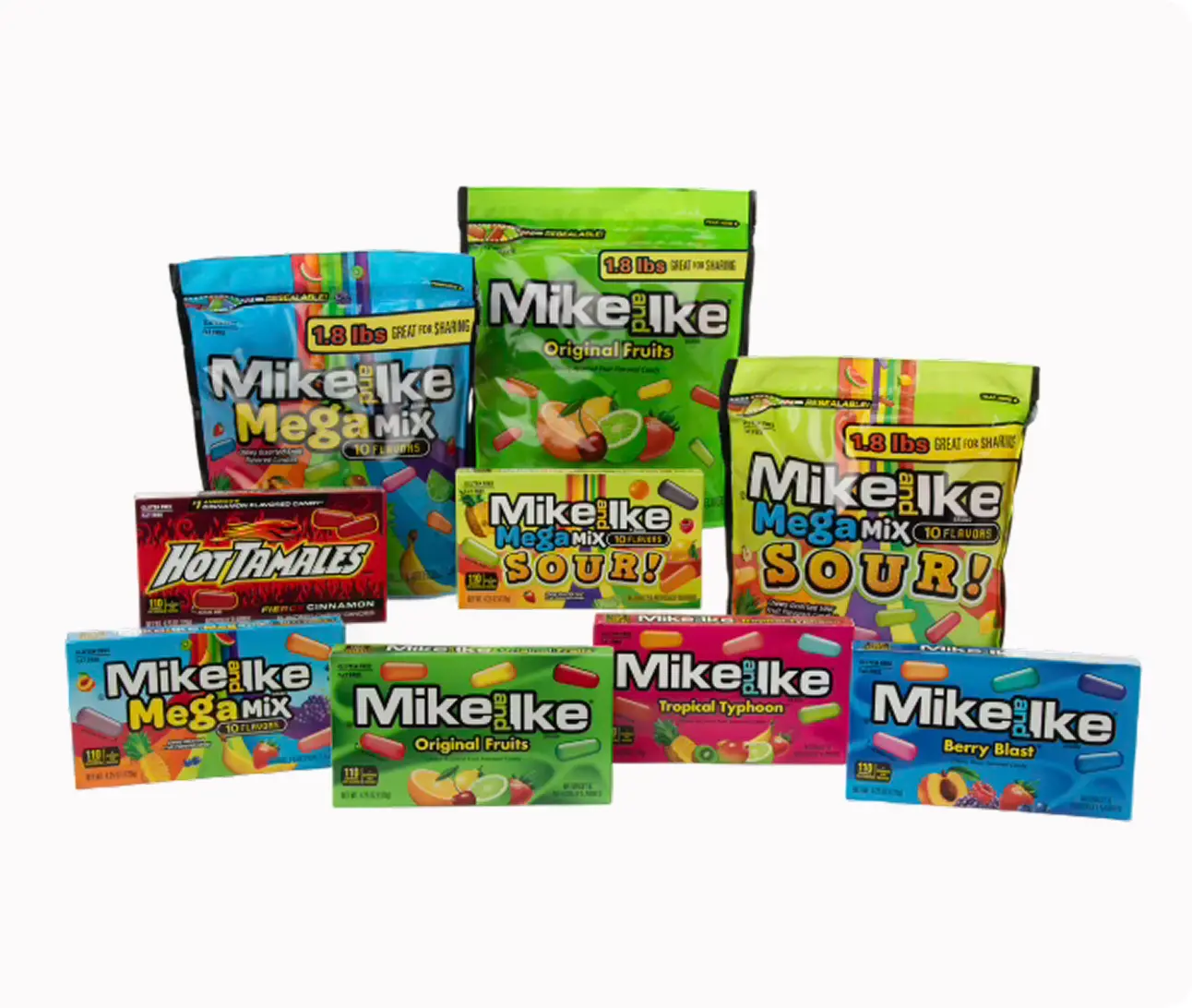 An assortment of Mike and Ike and Hot Tamales candies.