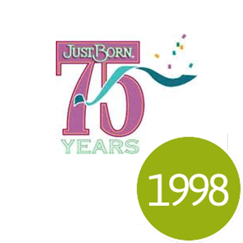 Just Born 75 Years logo with a teal ribbon and confetti, beside a lime green circle with the white text 1998.