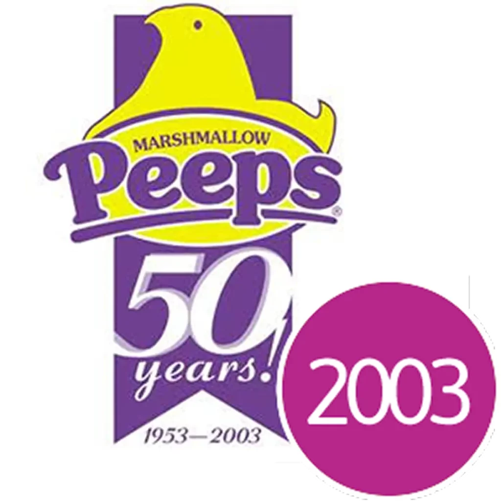 Peeps 50th anniversary logo with a yellow chick, '50 years!' text, 1953-2003 dates, and a pink circle with '2003'.