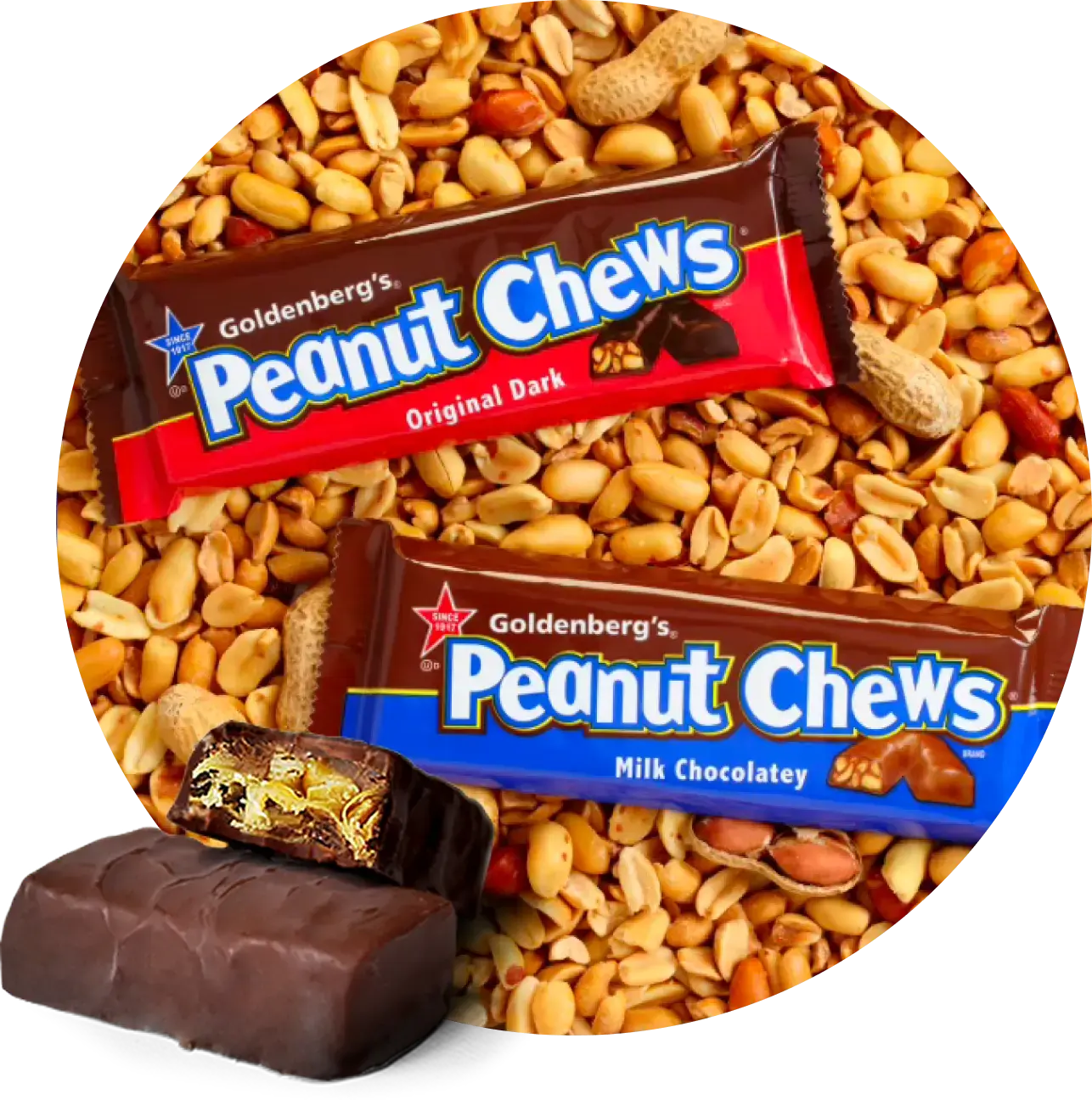 Goldenberg's Peanut Chews Original Dark and Milk Chocolatey candy bars on a bed of roasted peanuts with unwrapped candy pieces.